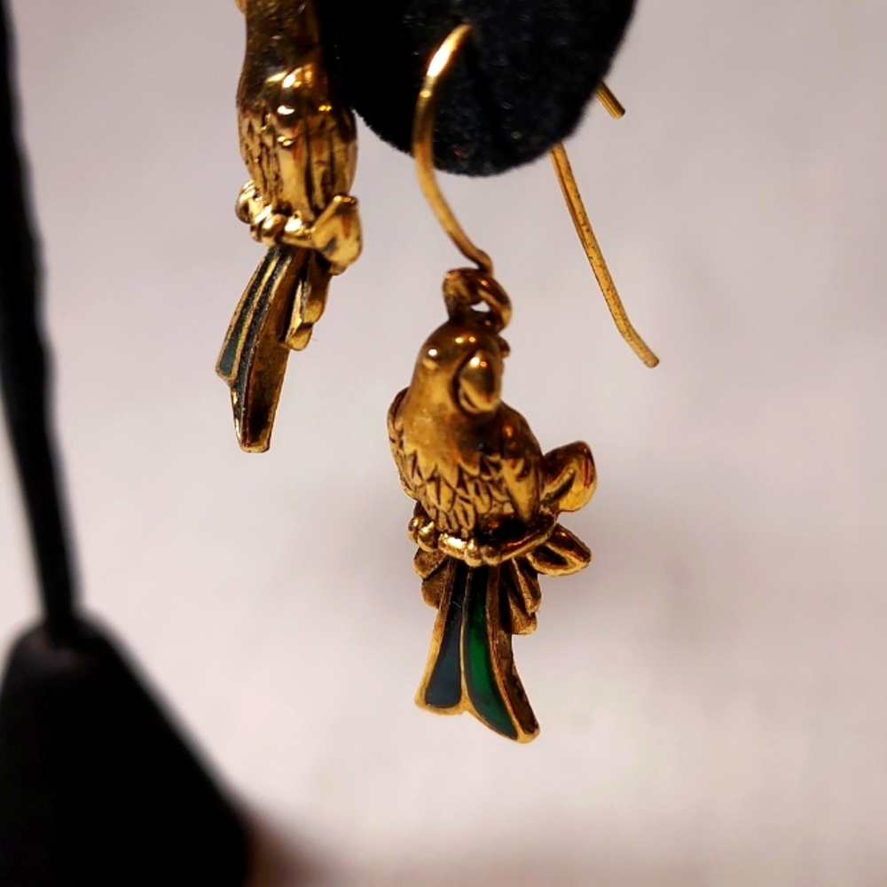 Parrot Sitting Dangle Pierce Earrings With Green Enamel Tail Feathers Vintage